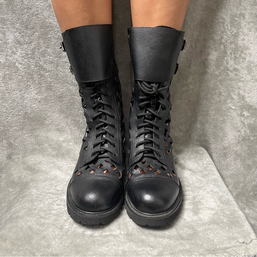 Black Laser Cut Caged Combat Boots EU 42 US 10 Faux Leather Lace Up Buckle - Picture 2 of 12